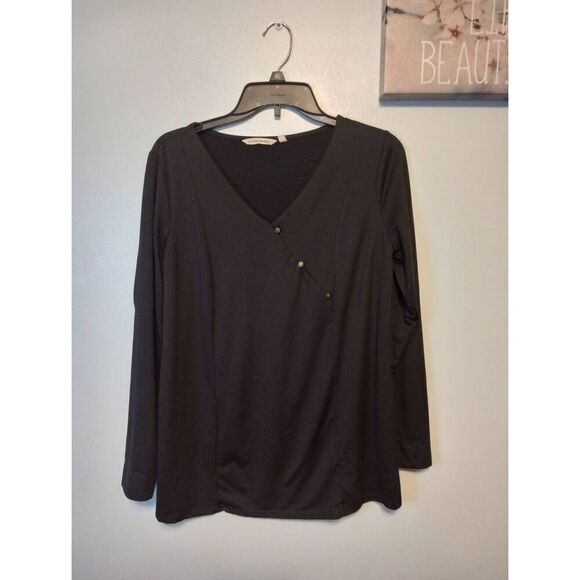 Soft Surroundings Top Faye Long Sleeve Black Crossover V Neck Buttons Sz M - Picture 1 of 3